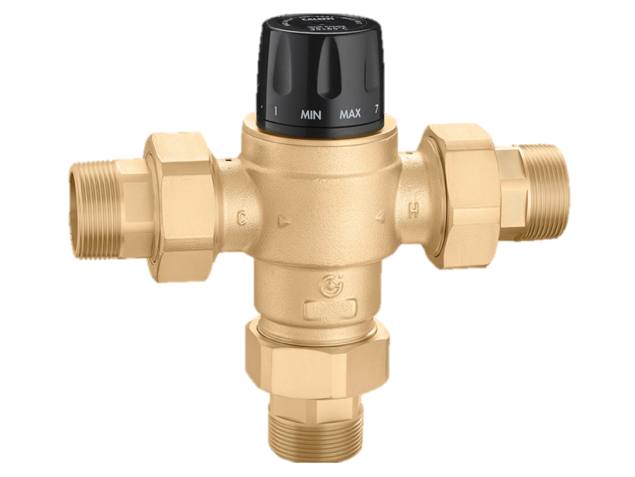 One style of tempering valve. Hot water enters on one side, cold on the other. The water mixes and tempered water is released through the bottom into your home.